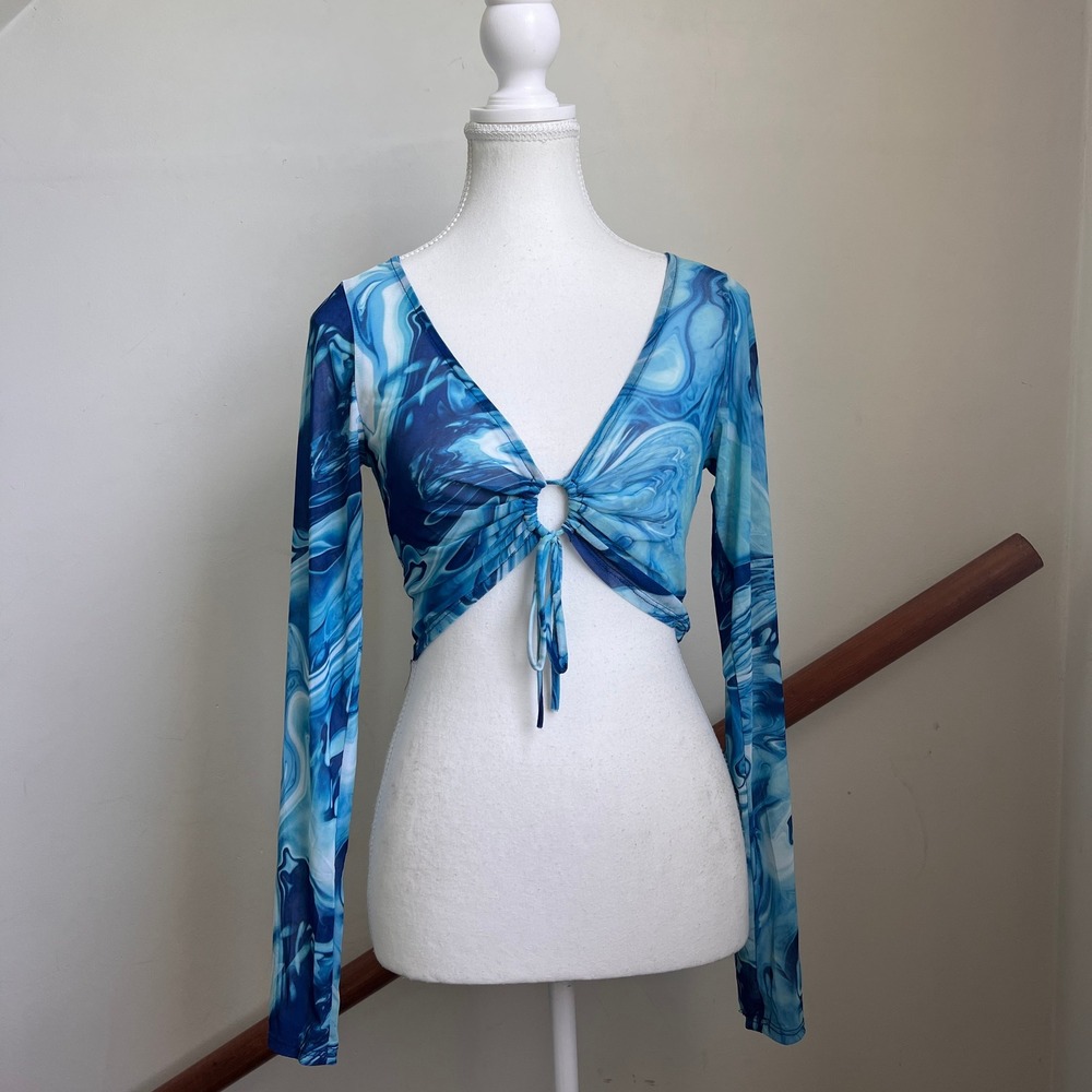 Vintage 90s Blue Marble Mesh O-Ring Long Sleeve Crop Top Swirl Print Y2K Funky